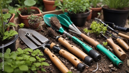 gardening tools in garden