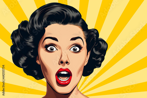 Wow effect, beautiful surprised young woman with open mouth, retro pop art style surprised and excited comics woman with open mouth, surprised woman on Pop art background,.