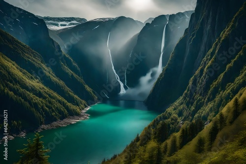 Majestic and breathtaking fjord surrounded by steep cliffs and glistening waterfalls - AI Generative