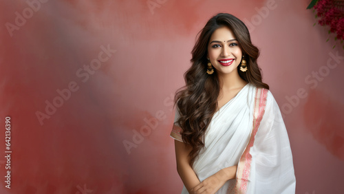Indian girl in sari or saree traditional cloth, Smiling woman, long hair