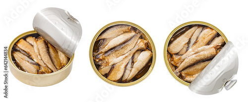 Sprats fish in oil in open round cans, .set, isolated on white background