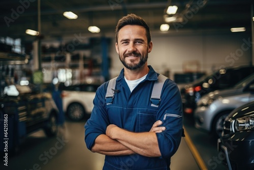 Technician male auto mechanic crossed arms in modern auto repair shop, garage.