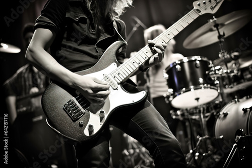A rock band is performing on stage. Guitarist, bass guitar and drums. The guitarist is in the foreground. Close up