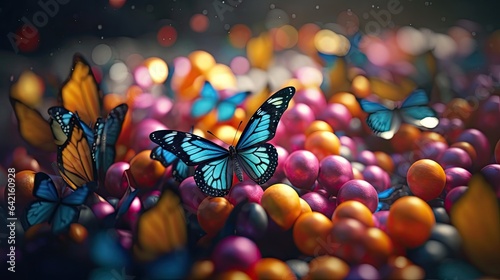 Illustration of a butterfly perched on a colorful balloon
