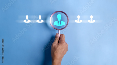 search, seek, hr, find, background, talent, management, resource, choose, executive. background image is hand hold magnifier to find seeking talent of human from people for put into the right job.