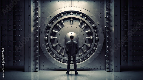 The banker stands in front of the iron door of the vault. Bank vault room. High level locking mechanism.