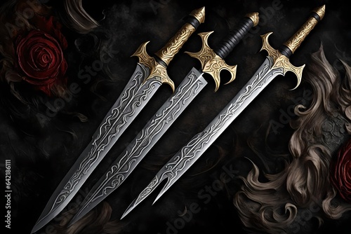 swords on a black background, iron sword, golden handle