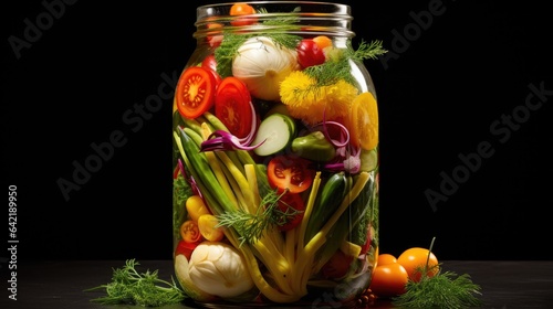 Jar of pickled vegetables against on black background