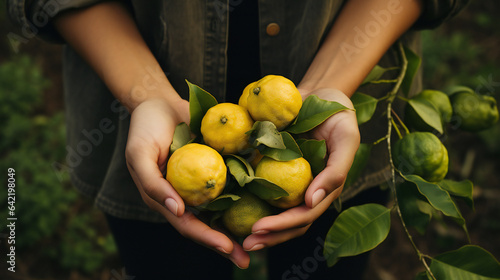 Close-up partial view of a farmer holding organic yuzu. Generative AI.