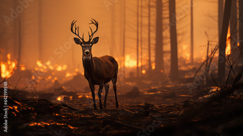 Deer on background Burnt forest, forest fire, climate change concept. Danger of forest fires for wild animals. 