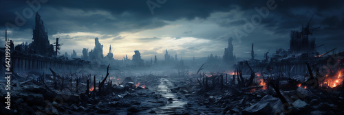 Post apocalypse after World war, apocalyptic destroyed city, banner