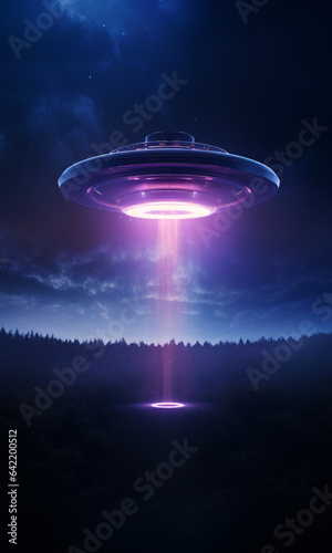 Alien spaceship flying over the forest