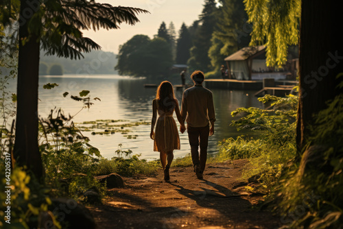 A couple strolls along a peaceful lakeside path, holding hands and savoring the opportunity to reconnect amidst natural beauty. Generative Ai.