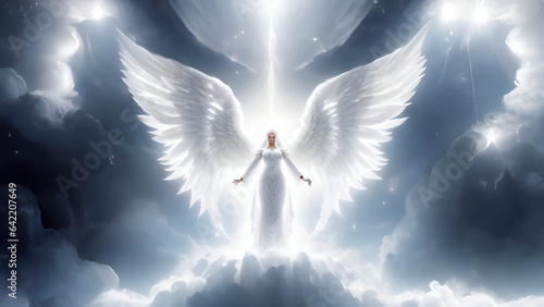 An arc angel with large shimmering pure white wings, hair and dress - Generative AI