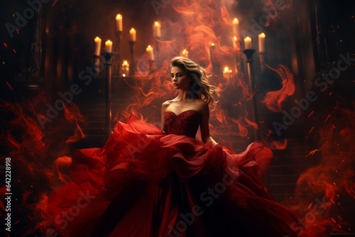 A stunning woman captivates in her elegant bright red dress in a candle dimly lit room. Generative AI