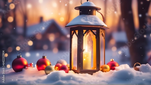 A lantern sitting on top of a snow covered ground. Snowy winter day. Holiday concept