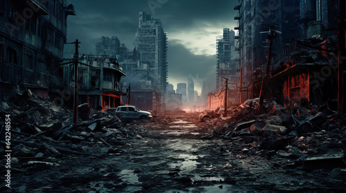 Post apocalypse, gloomy apocalyptic scene of city street after war