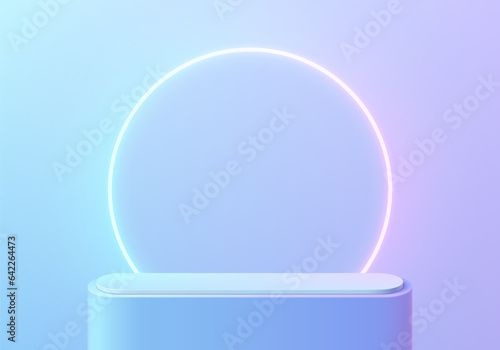 Abstract 3D blue round pedestal podium background with glowing lighting neon ring. Product display mockup presentation. Pastel minimal wall scene. Stage showcase. Platforms vector geometric design.