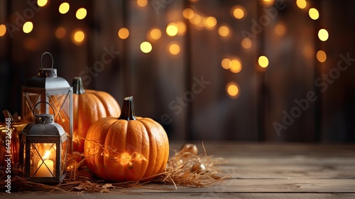 Halloween fall pumpkins on straw lit sparkling party lights behind