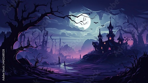 Spooky graveyard and haunted house at night cartoon illustration