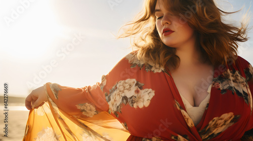 beautiful plus size woman at beach in sunshine wearing orange floral dress 