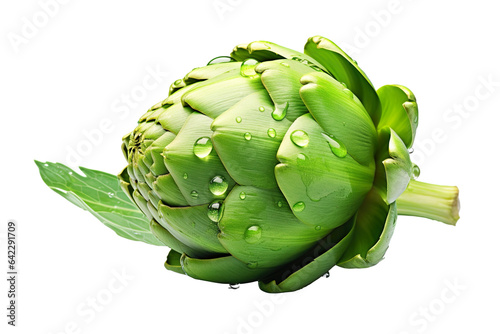 hyperrealistic high-definition image of an artichoke with some drops of dew on it on a white background isolated PNG