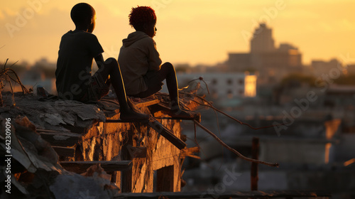 Poor black african kids on a slum roof top , children poverty in africa