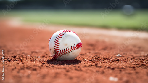 Baseball on red diamond sand on the pitch, close up shot