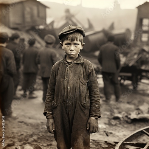 a child laborer around 1900 standing in front of a coal mine. 