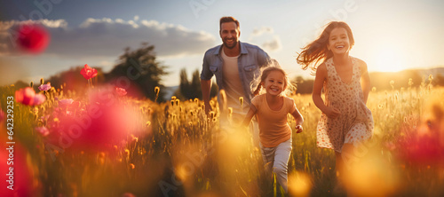 Family having fun together in a field of flowers - Happy moments of father and daughters at sunset.