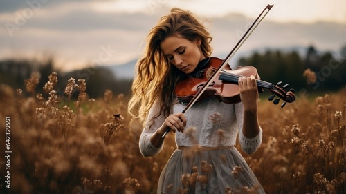 Woman playing violin in country field