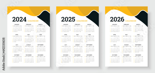 Calendar 2024, calendar 2025 and calendar 2026, week start Sunday, corporate design planner template. Wall calendar in a minimalist style