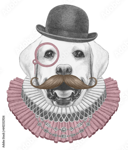 Portrat of Labrador Retriever with Elizabethan Collar, Bowler Hat, Monocle and Mustache. Hand-drawn illustration