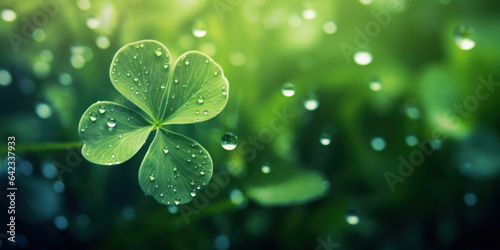 Four leaf clover with dewdrops on its leaves. Green blurred background with dew