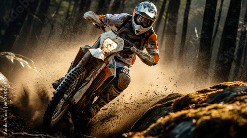 A thrilling action shot of a professional motorcyclist on an enduro motorcycle rides in the forest