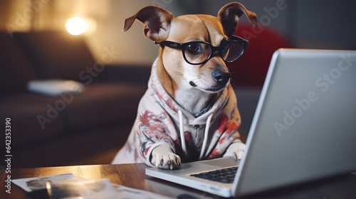 Smart dog using computer. Funny pet in gray jumper and nerd glasses typing on laptop keyboard. Freelancer lifestyle working from home
