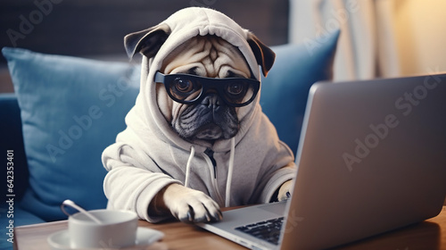 Smart dog using computer. Funny pet in gray jumper and nerd glasses typing on laptop keyboard. Freelancer lifestyle working from home