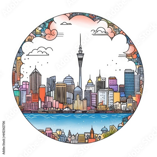 A circle shape frame with center space of Auckland city skyline in simple doodle color cartoon style. beautiful Generative AI AIG32