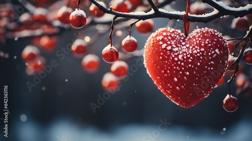 Red frozen heart in the snow on fir branches, Merry Christmas card. Beautiful winter concept. Merry christmas and happy new year greeting card with copy-space.