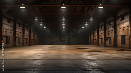 An empty warehouse featuring abundant lighting.