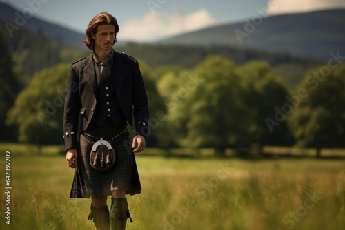Portrait of a Traditional Fictional Scottish Man Wearing a Kilt. Meadow of Scotland Highland Background. Generative AI Illustration.