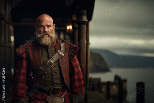 Portrait of a Traditional Fictional Scottish Man Wearing a Kilt. Meadow of Scotland Highland Background. Generative AI Illustration.