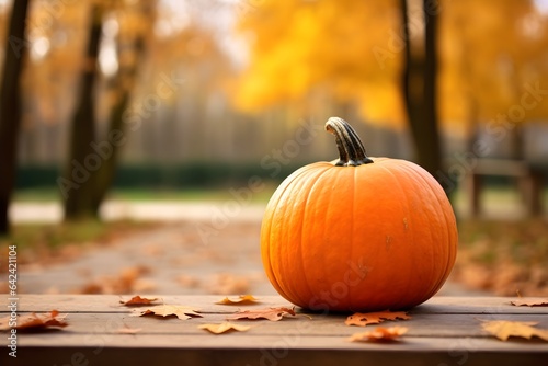 Pumpkin on a wooden table outdoors with autumn colors in the background, room for copy