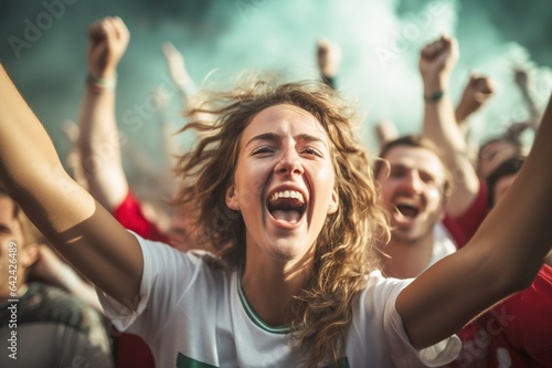 Weibliche Fans feiern bei Fußballturnier im Stadion, Europameisterschaft, Weltmeisterschaft 
