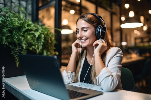 Video call, wave and woman in communication on a laptop for her small business in fashion. Happy, creative and designer talking on a call with a hello, headphones and smile on technology at work