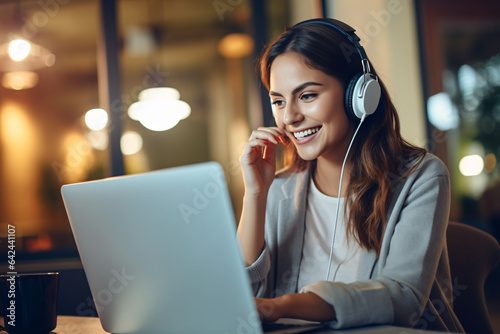 Video call, wave and woman in communication on a laptop for her small business in fashion. Happy, creative and designer talking on a call with a hello, headphones and smile on technology at work