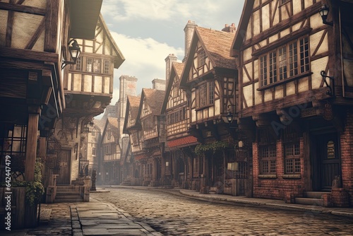 A representation of an English Tudor street, with many beautiful half-timbered buildings and a cobbled road. Digital illustration.