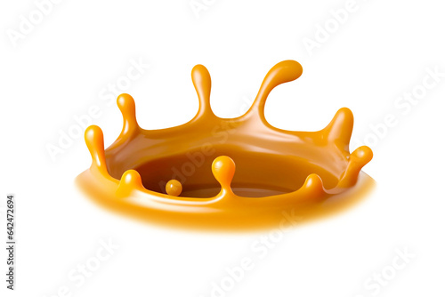 Delicious melted caramel texture. Flow, wave and drops splash caramels sauce. Sweet food isolated on white background. AI Generative
