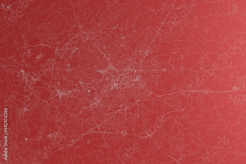 Map of the streets of Greensboro (North Carolina, USA) made with white lines on red paper. Top view, rough background. 3d render, illustration