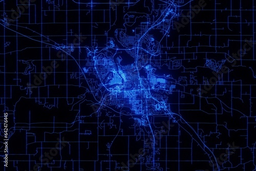 Street map of Eau Claire (Wisconsin, USA) made with blue illumination and glow effect. Top view on roads network
